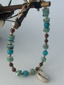 Turquoise Cowrie Shell Anklet, Handmade Beach Anklet for Women, Boho Beaded Ankle Bracelet, Coastal Summer Jewelry Gift
