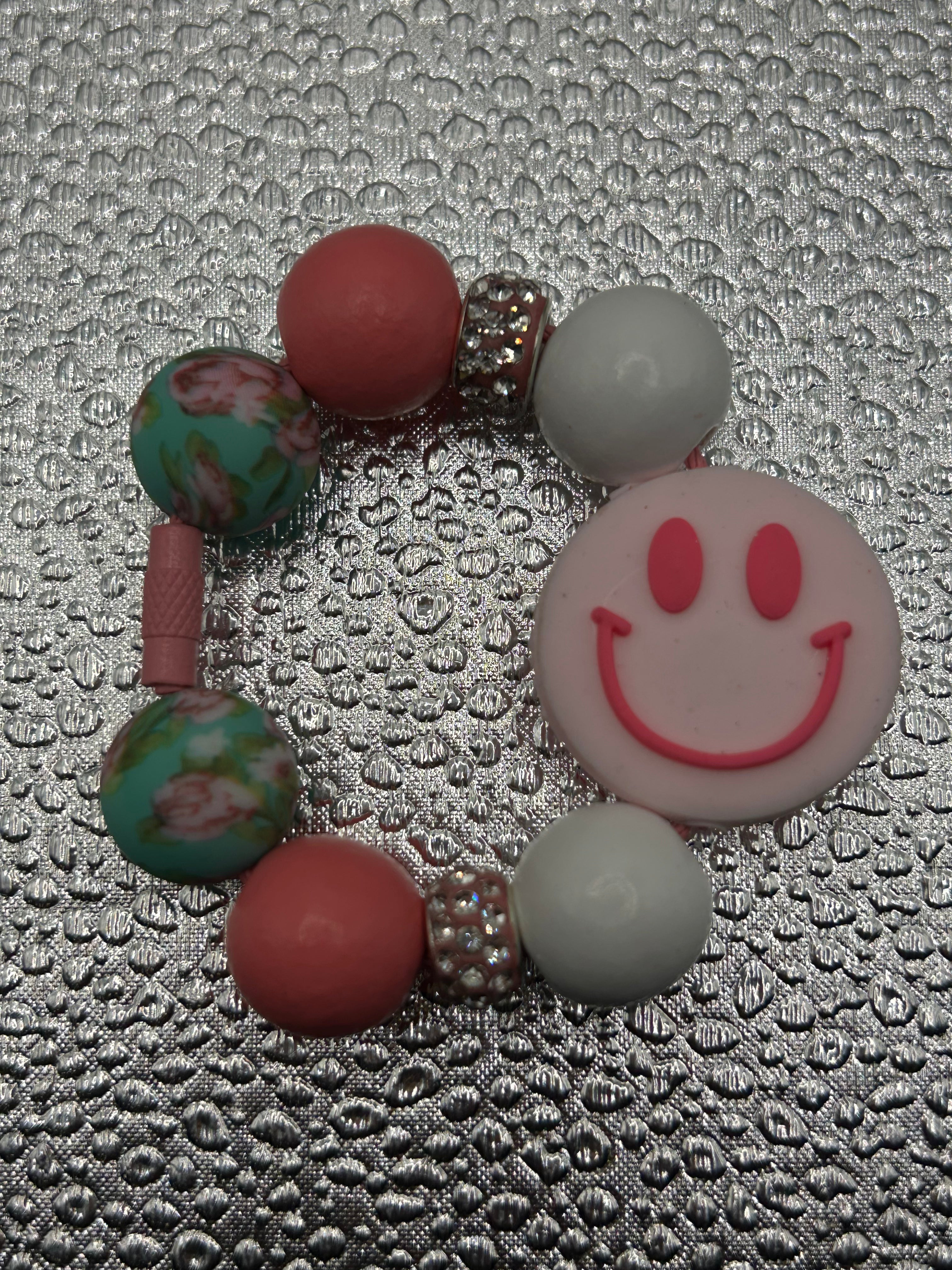 Pink Smiley Face & Floral Garden Beaded Tumbler Charm