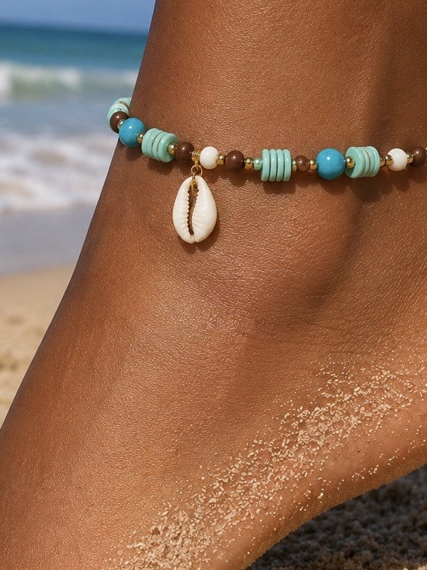 Turquoise Cowrie Shell Anklet, Handmade Beach Anklet for Women, Boho Beaded Ankle Bracelet, Coastal Summer Jewelry Gift