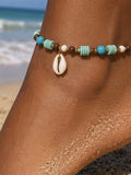 Turquoise Cowrie Shell Anklet, Handmade Beach Anklet for Women, Boho Beaded Ankle Bracelet, Coastal Summer Jewelry Gift