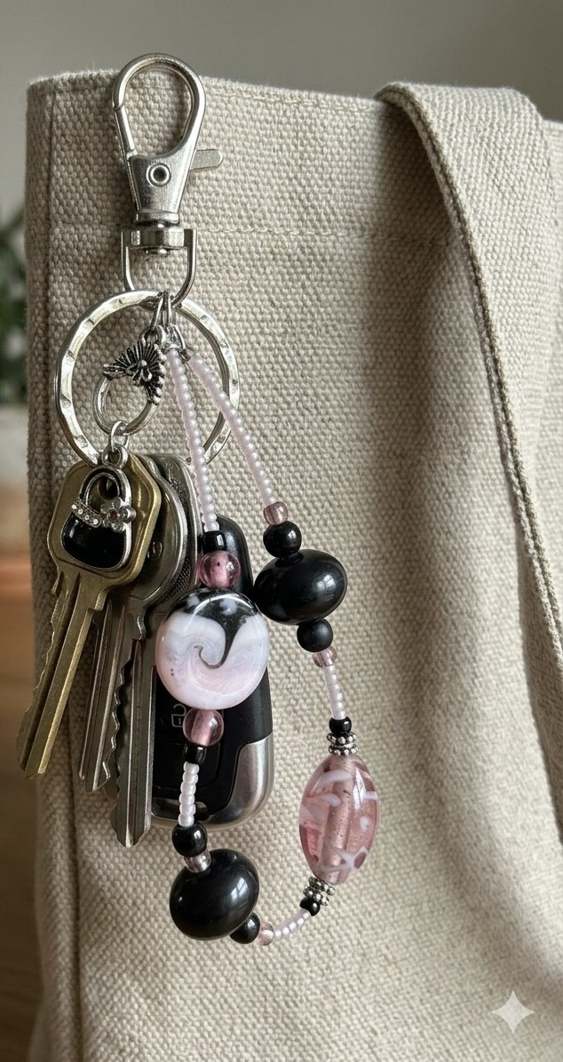 Chic Black & Pink Glass Beaded Keychain with Purse Charm