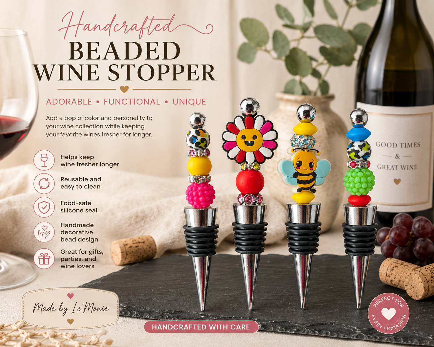 Handmade Beaded Wine Bottle Stopper | Decorative Silicone Wine Saver | Unique Gift for Wine Lovers | Colorful Kitchen & Bar Accessory